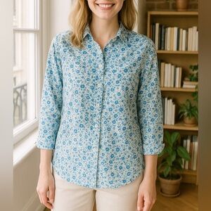 J. McLaughlin Silk Cotton Blend Blue Green Floral Button Down Shirt size Large